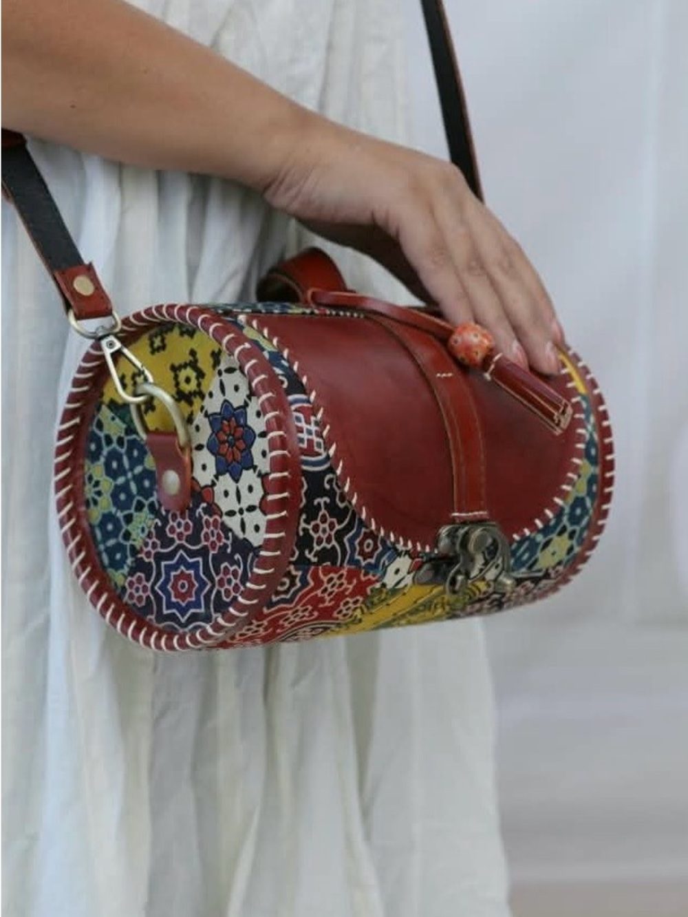 Boho Red Leather Cylinder Shoulder Bag with Patterned Panels